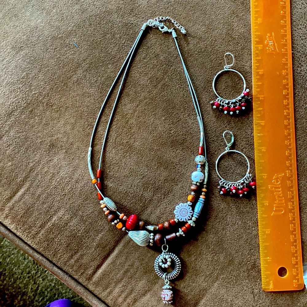 Silver, brown and red necklace and earring set.